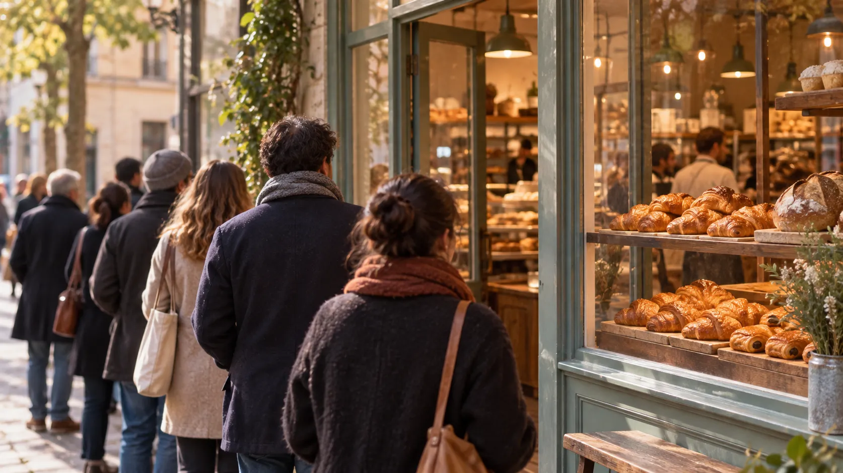 A small neighbourhood bakery storefront with a queue of people waiting outside on the pavement