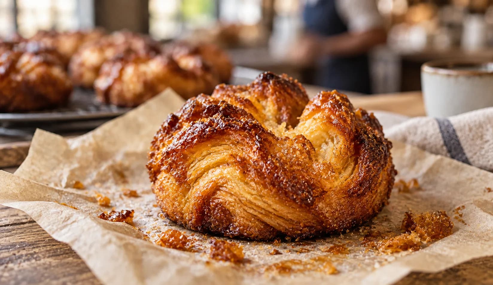 A kouign-amann with a caramelised sugar crust on parchment paper