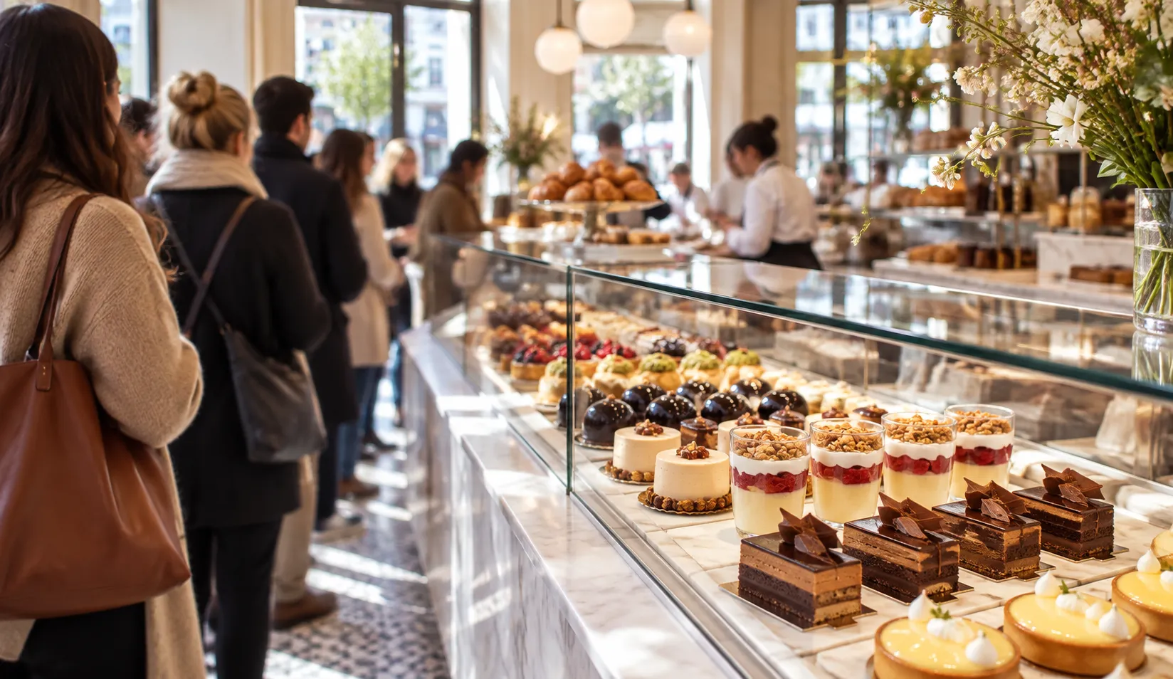 A bright modern patisserie with a long glass display case of pastries and a queue inside