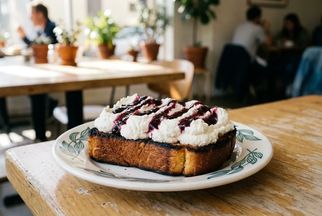 Burnt brioche toast with whipped ricotta and seasonal jam on a white plate