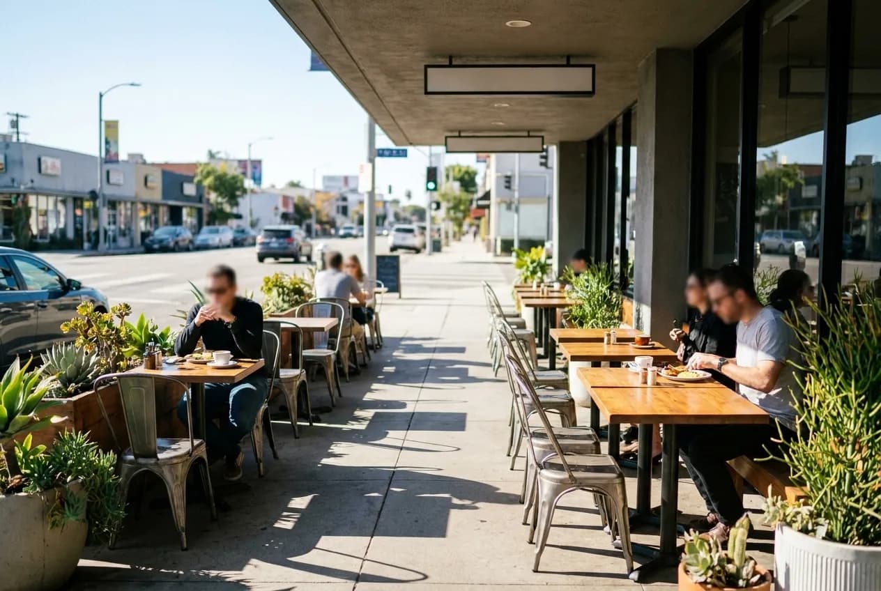Outdoor patio seating at a breakfast cafe in Virgil Village, Los Angeles