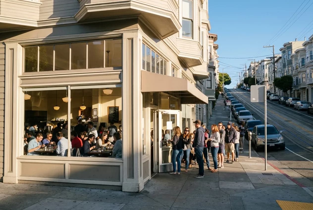 A sunny corner breakfast restaurant in Potrero Hill with large windows and a queue of people waiting outside on a weekend morning.