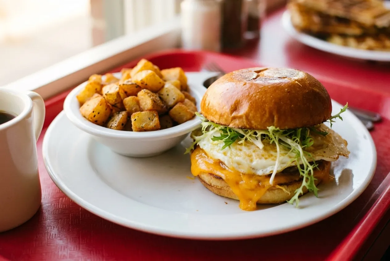 An overhead view of a fried egg sandwich on brioche with a side of crispy breakfast potatoes and coffee on a white plate.