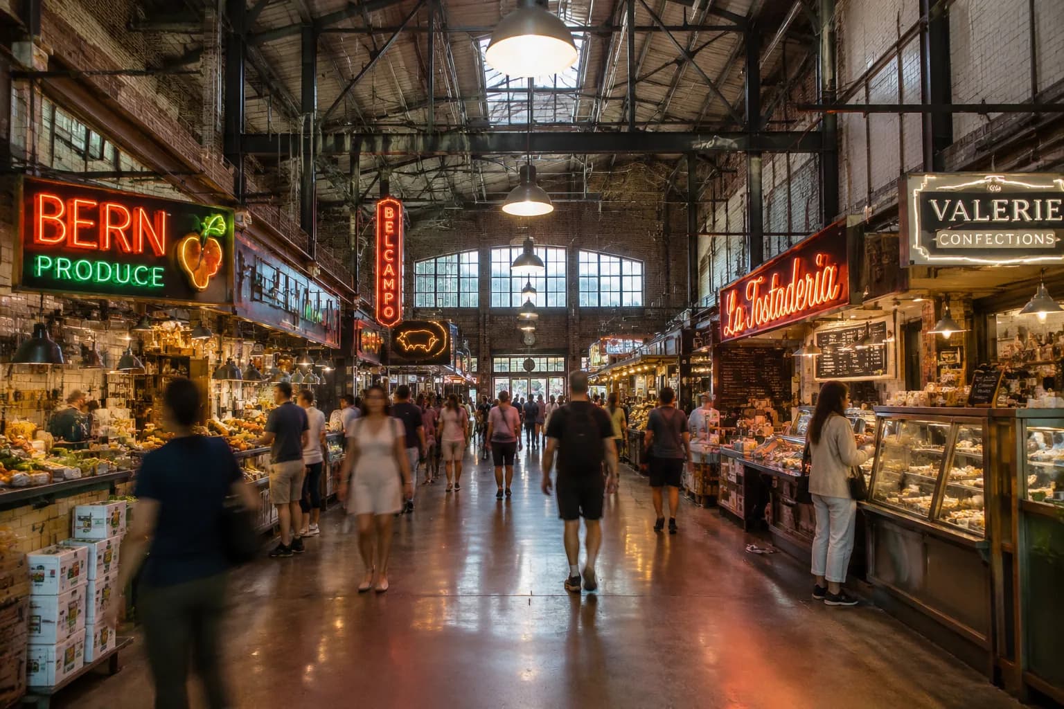 Interior view of Grand Central Market in downtown Los Angeles showing historic architecture and morning light