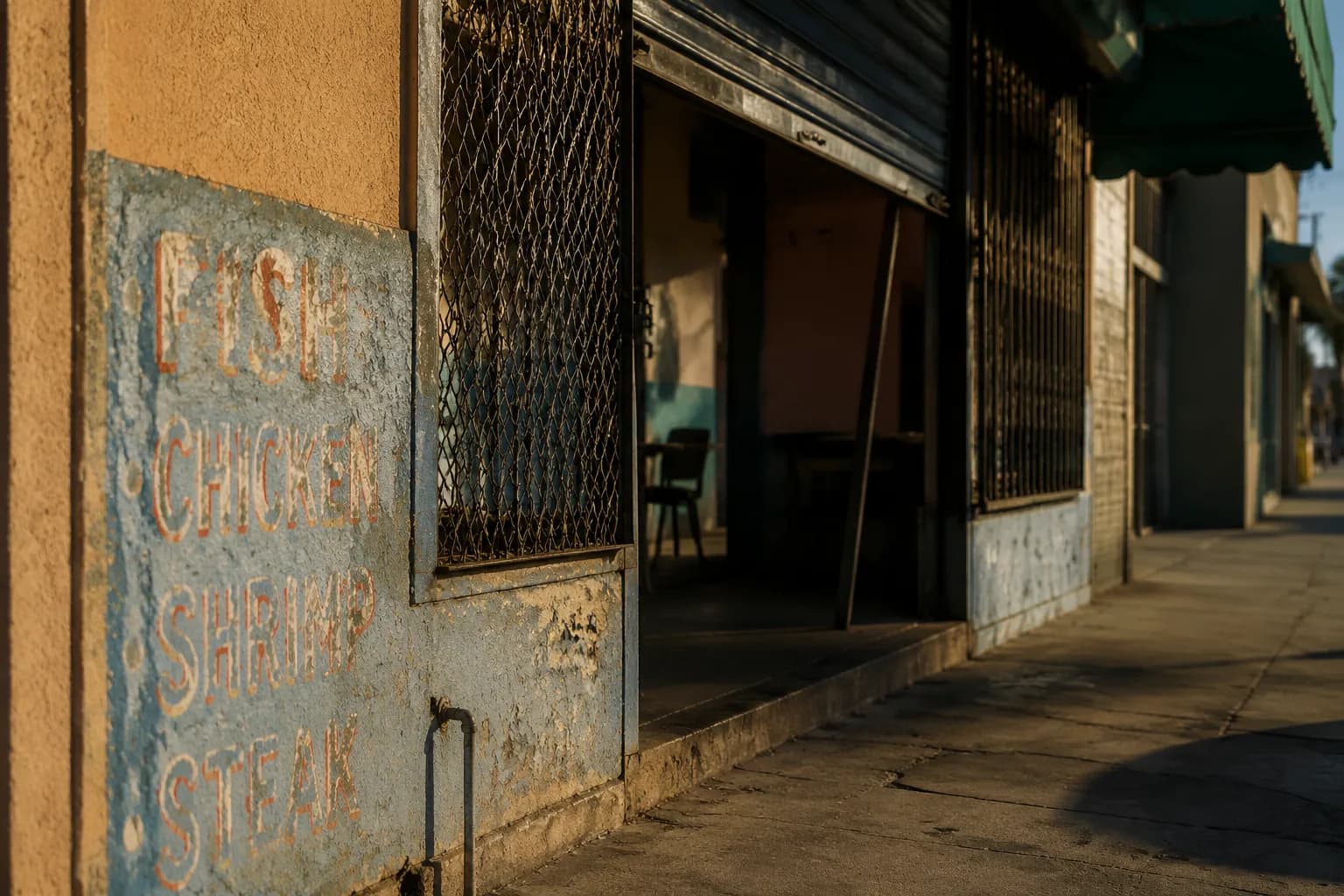 Early morning storefront detail along Crenshaw Boulevard in Baldwin Hills, Los Angeles