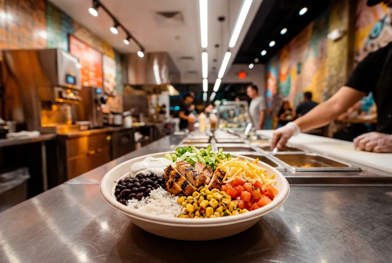 A burrito bowl with rice, beans, grilled chicken, salsa, cheese, and sour cream on a restaurant counter