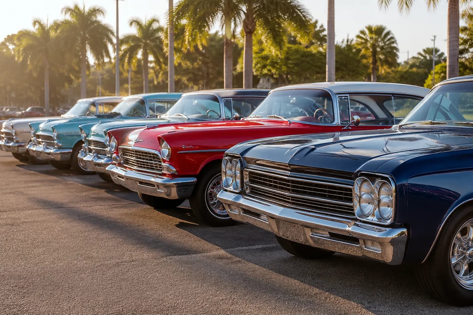 Classic cars lined up in morning light at Tropical Park Miami with palm trees in background