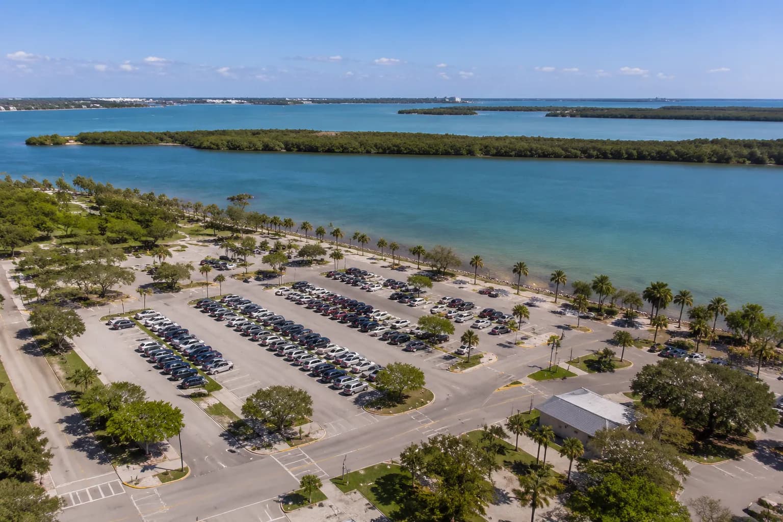 Matheson Hammock Park parking area overlooking Biscayne Bay in Miami
