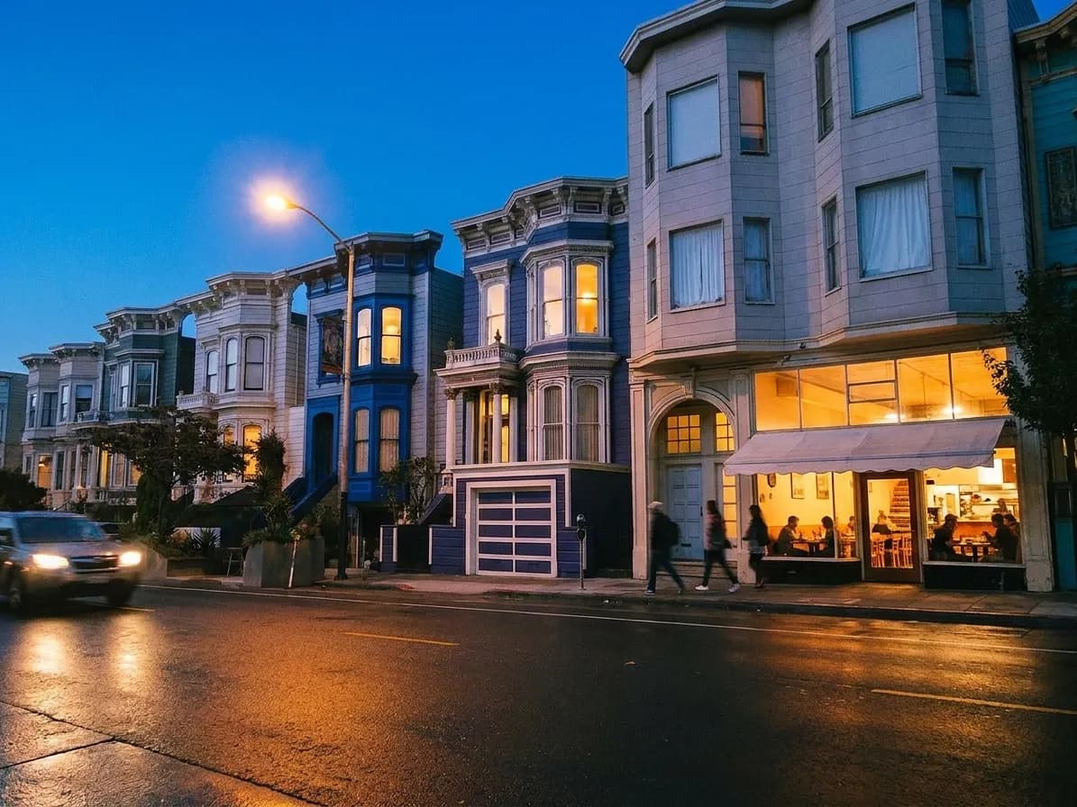 A Mission District block in San Francisco at blue hour, Victorian bay windows above a glowing ground-floor pizzeria with people passing on the sidewalk