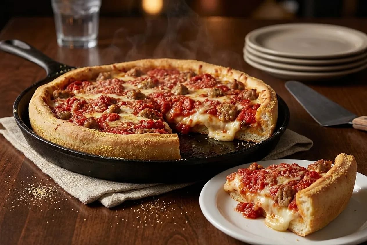 A Chicago-style deep dish pizza in a black cast iron pan on a dark wooden table, one wedge lifted onto a white plate showing the tall cornmeal crust
