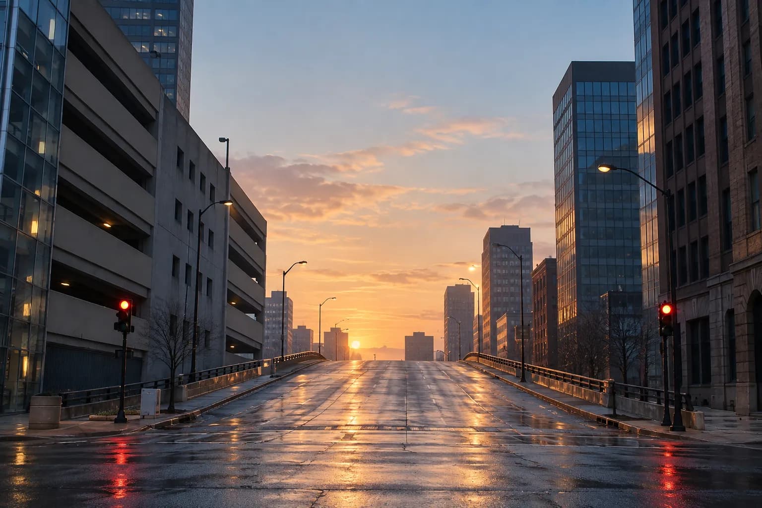 An empty city street at dawn with tall buildings and pale early light