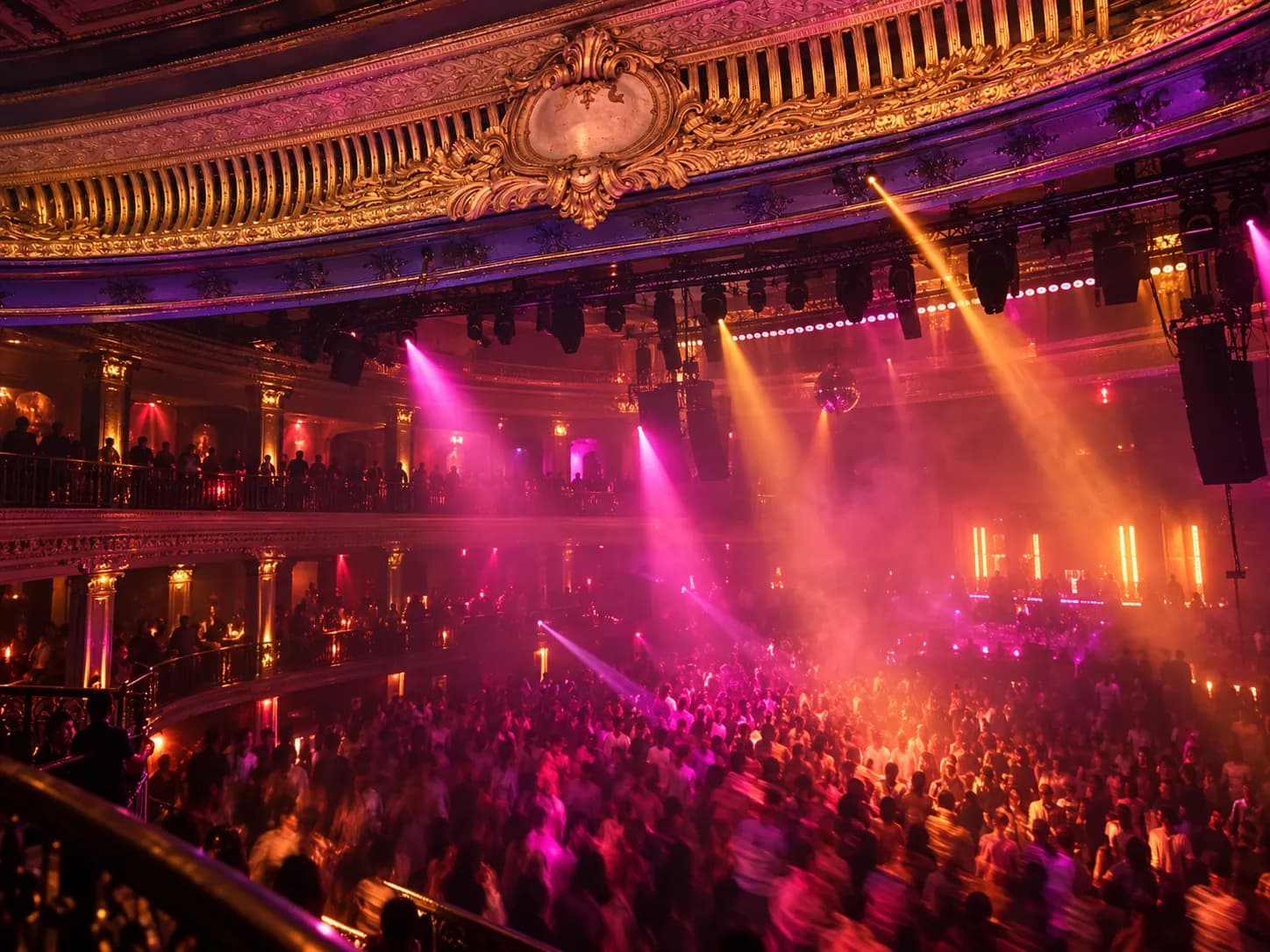 A large nightclub interior under a domed ceiling with coloured lighting above a crowded floor
