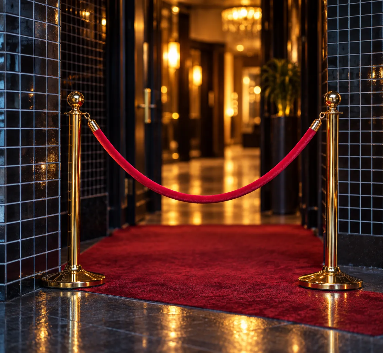 A velvet rope barrier and empty carpet outside a lit entrance at night