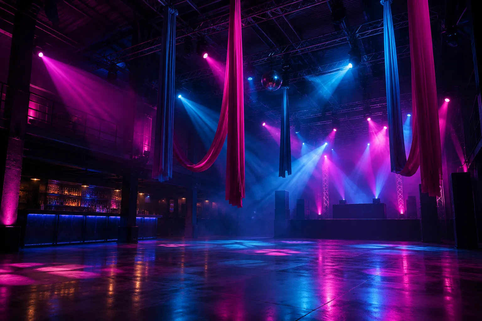A large dark club room with aerial silks hanging from the ceiling and coloured lights