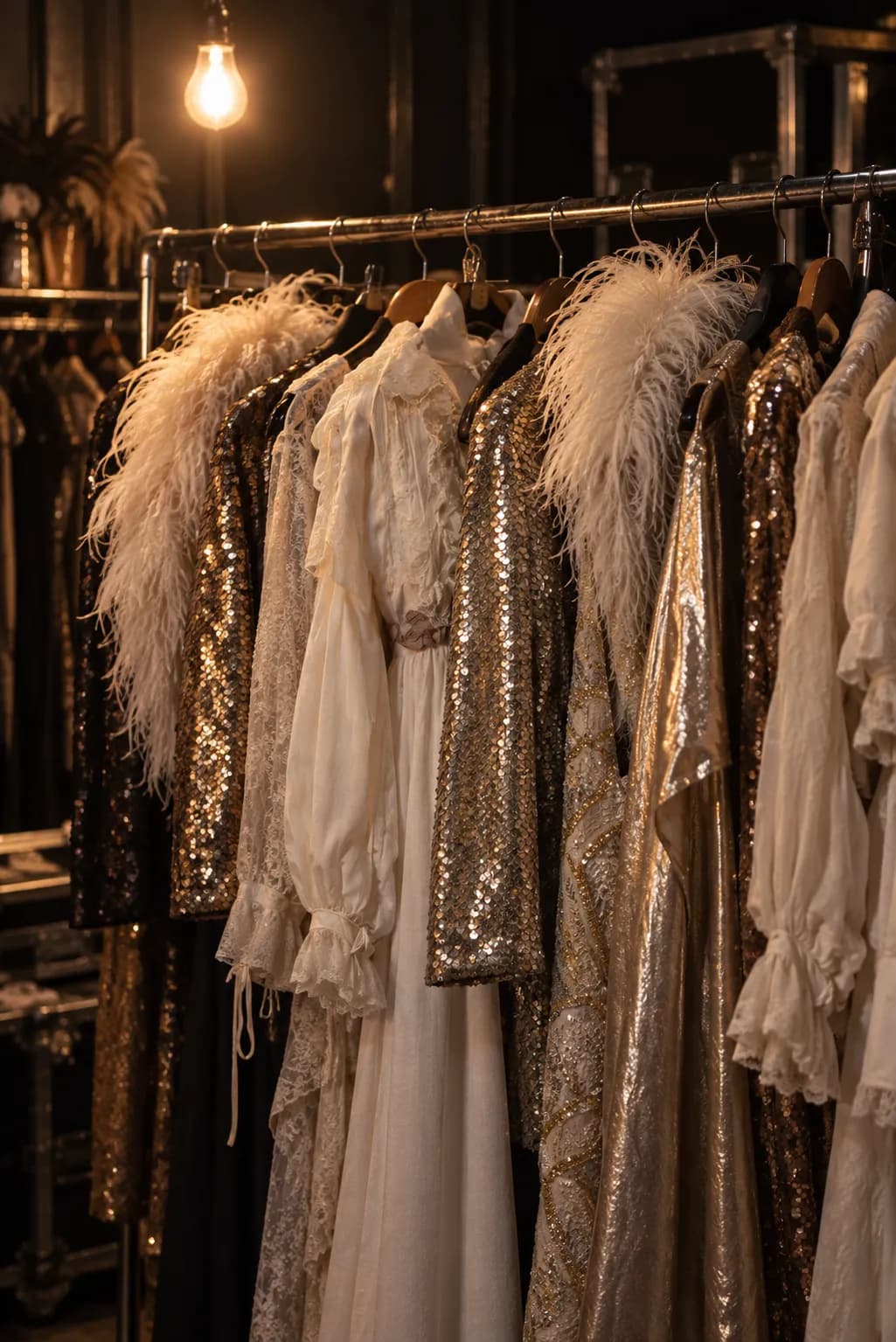 A rack of sequinned and feathered costumes under a bare bulb