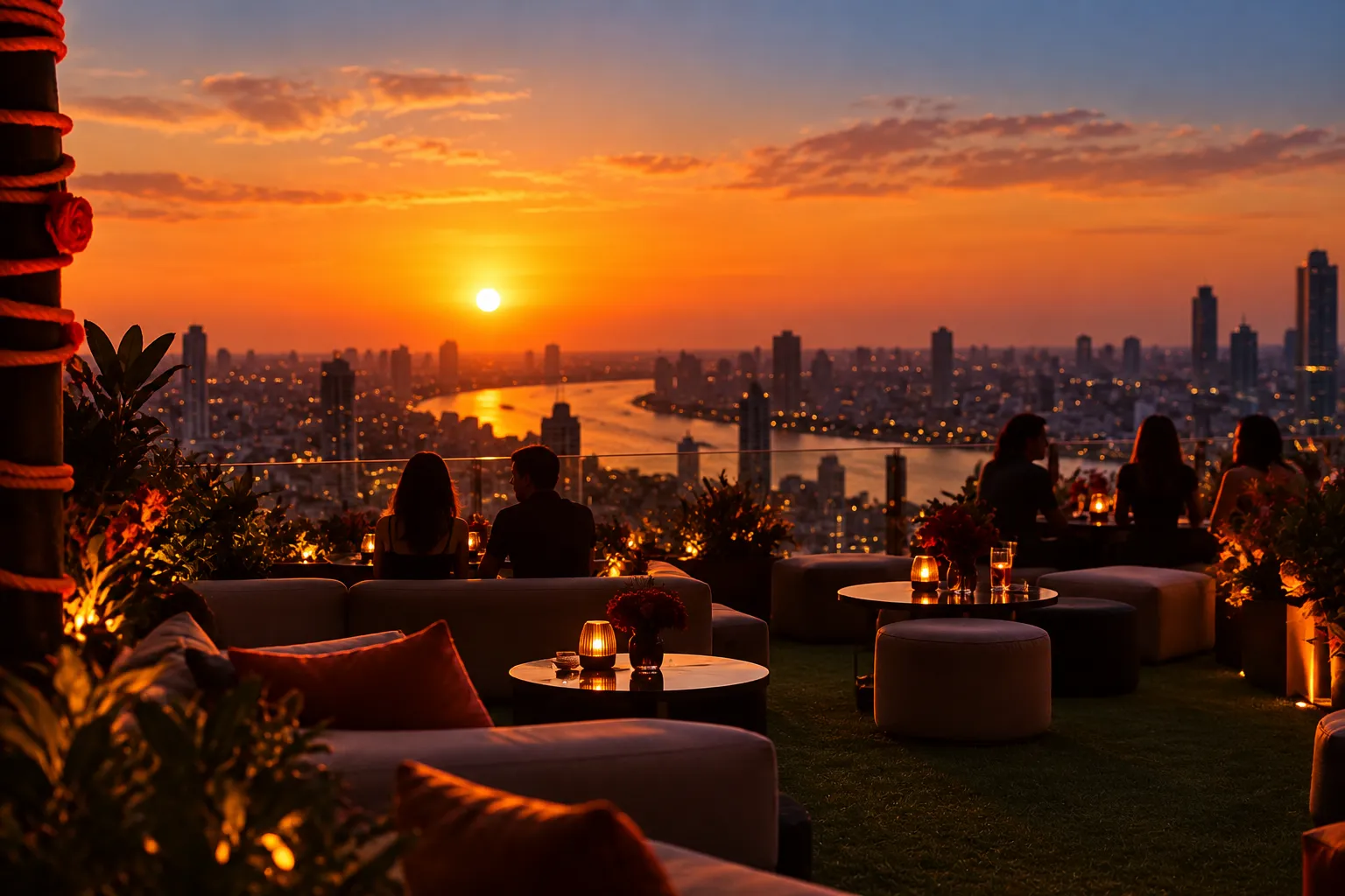 A rooftop terrace at sunset with low seating and a wide view over a city river