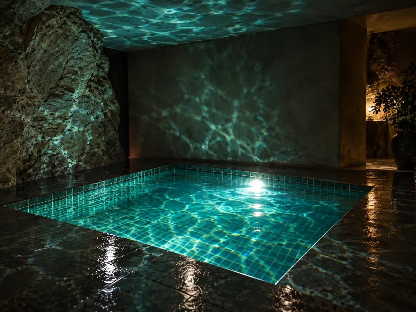 A small tiled plunge pool lit from within, set into a dark floor