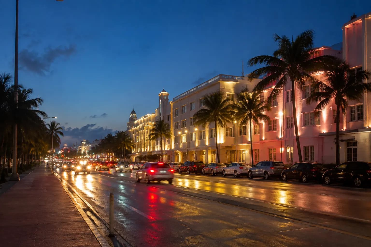 Evening traffic along Biscayne Boulevard in Miami with lit building facades and palm trees at dusk