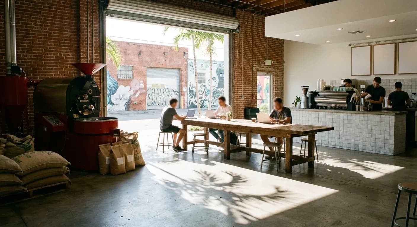A Wynwood roastery cafe in late morning with a drum roaster, open roller door and palm shadows on concrete