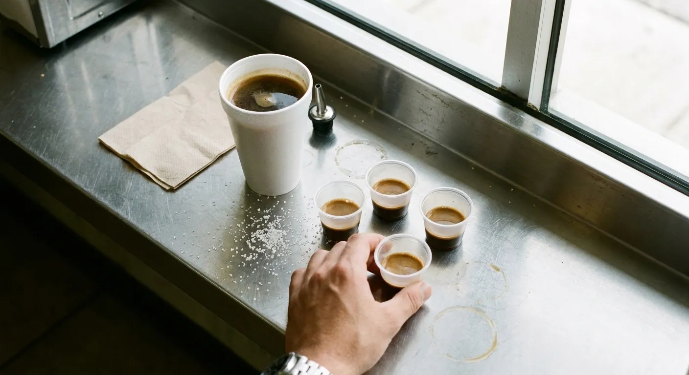 A Cuban colada poured into four tiny cups on a stainless ledge with a napkin and scattered sugar
