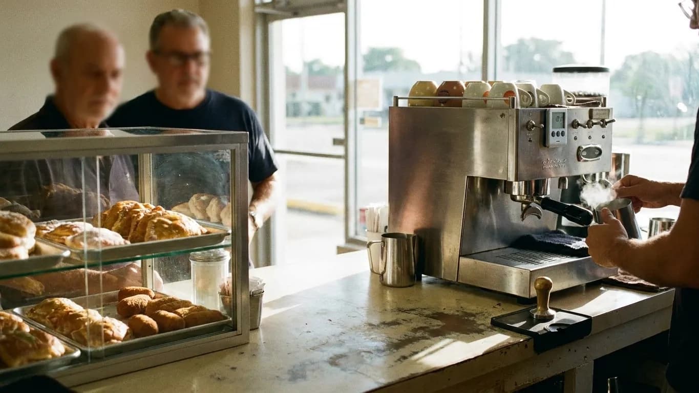 A small Hialeah café counter at half seven in the morning, hands steaming milk beside an espresso machine with small cups warming on top and pastries in a case