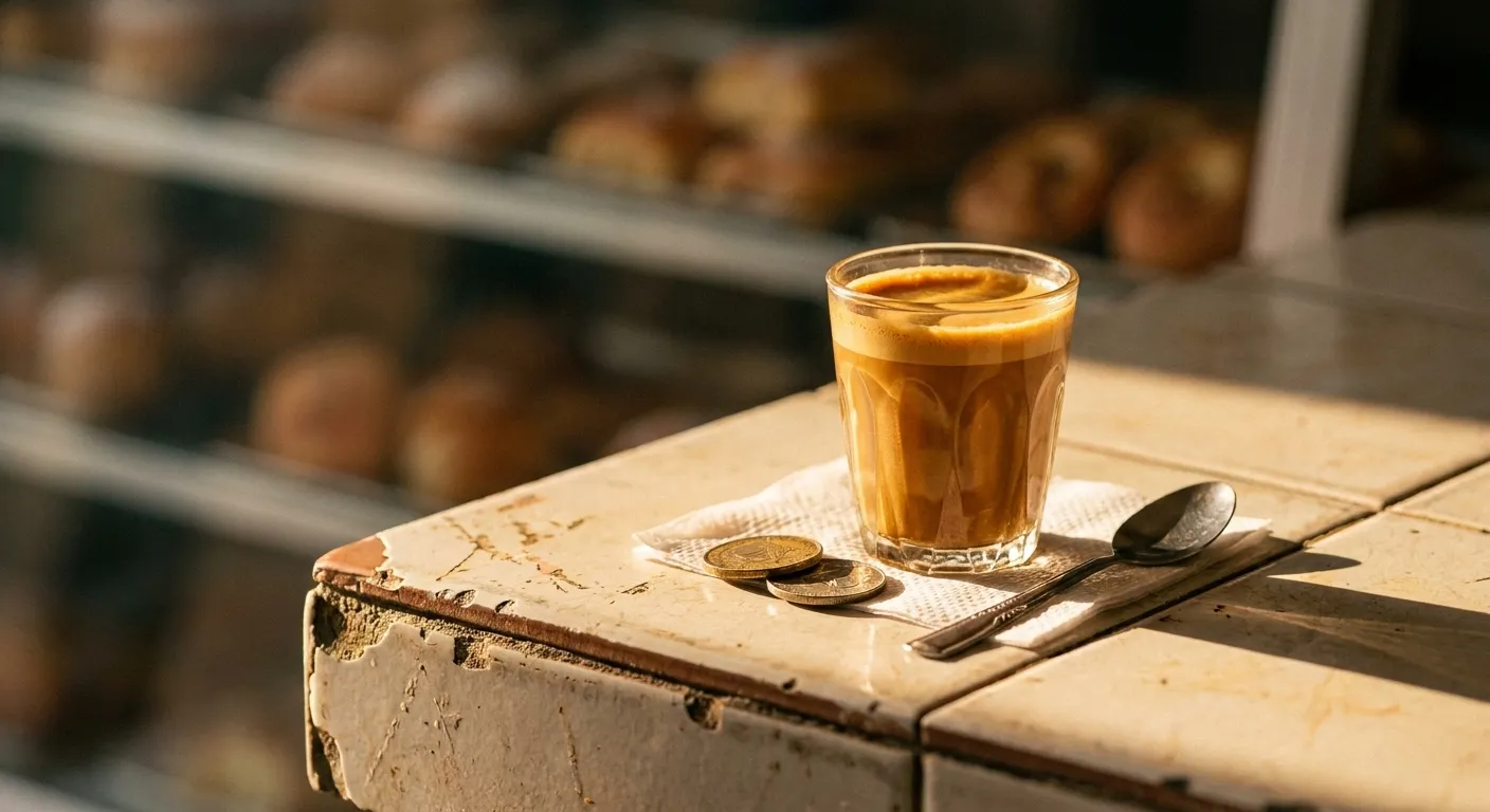 A single cortadito in a small glass on a chipped tile counter with dense caramel crema, a folded napkin, a spoon and a few coins beside it