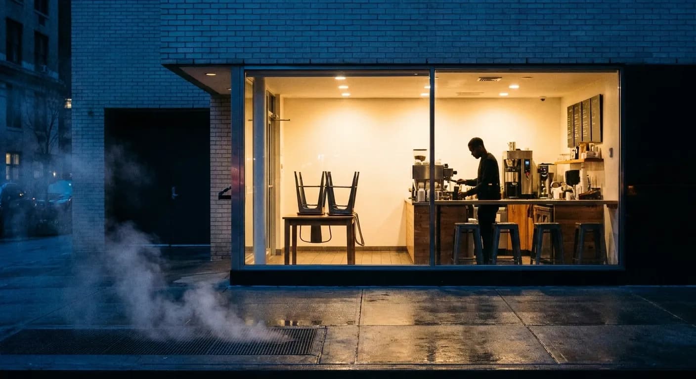 A Manhattan coffee shop just after six in the morning, warm light spilling onto an empty wet pavement with one person setting up inside and blue pre-dawn sky above