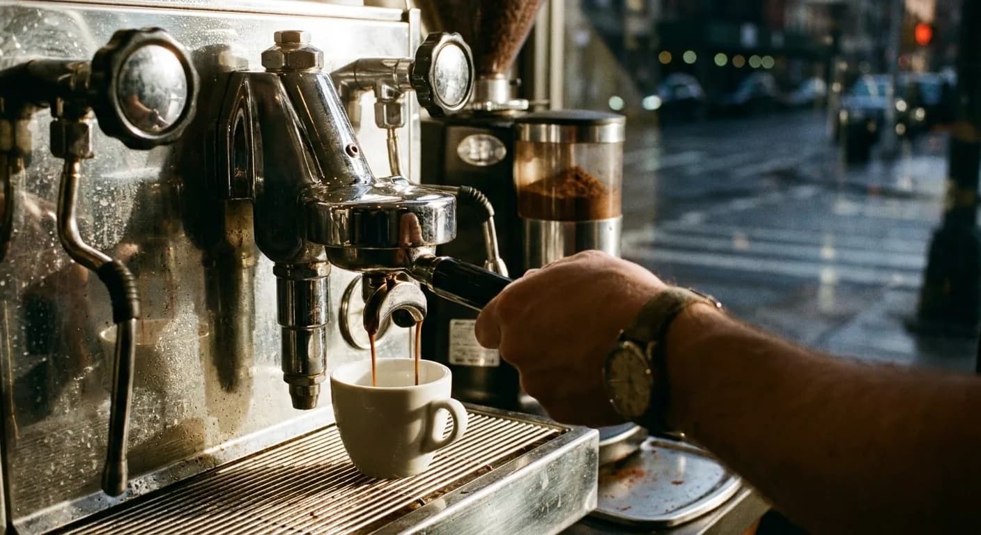 The first espresso of the day pulling into a small white cup on a chrome machine, a barista's forearm at the frame edge and a dark street out of focus beyond