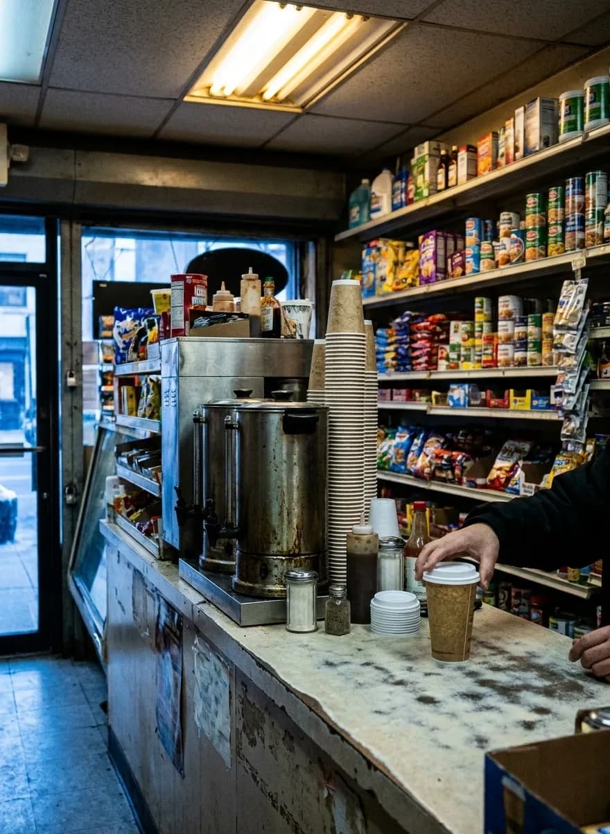A bodega coffee station at seven in the morning, paper cups stacked in a tower and a hand fitting a lid onto a cup