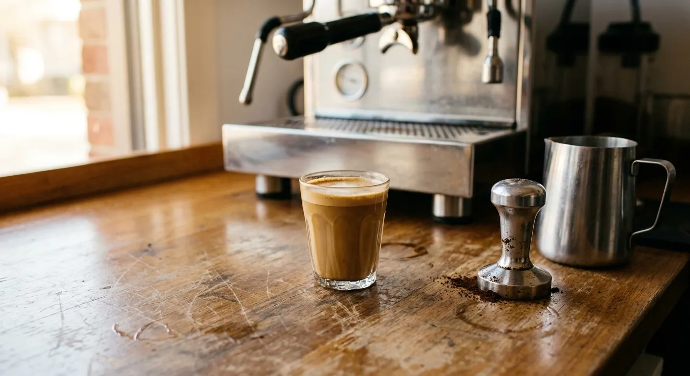 A small cortado in a glass on a scratched wooden café counter with a milk jug beside it and a chrome machine behind