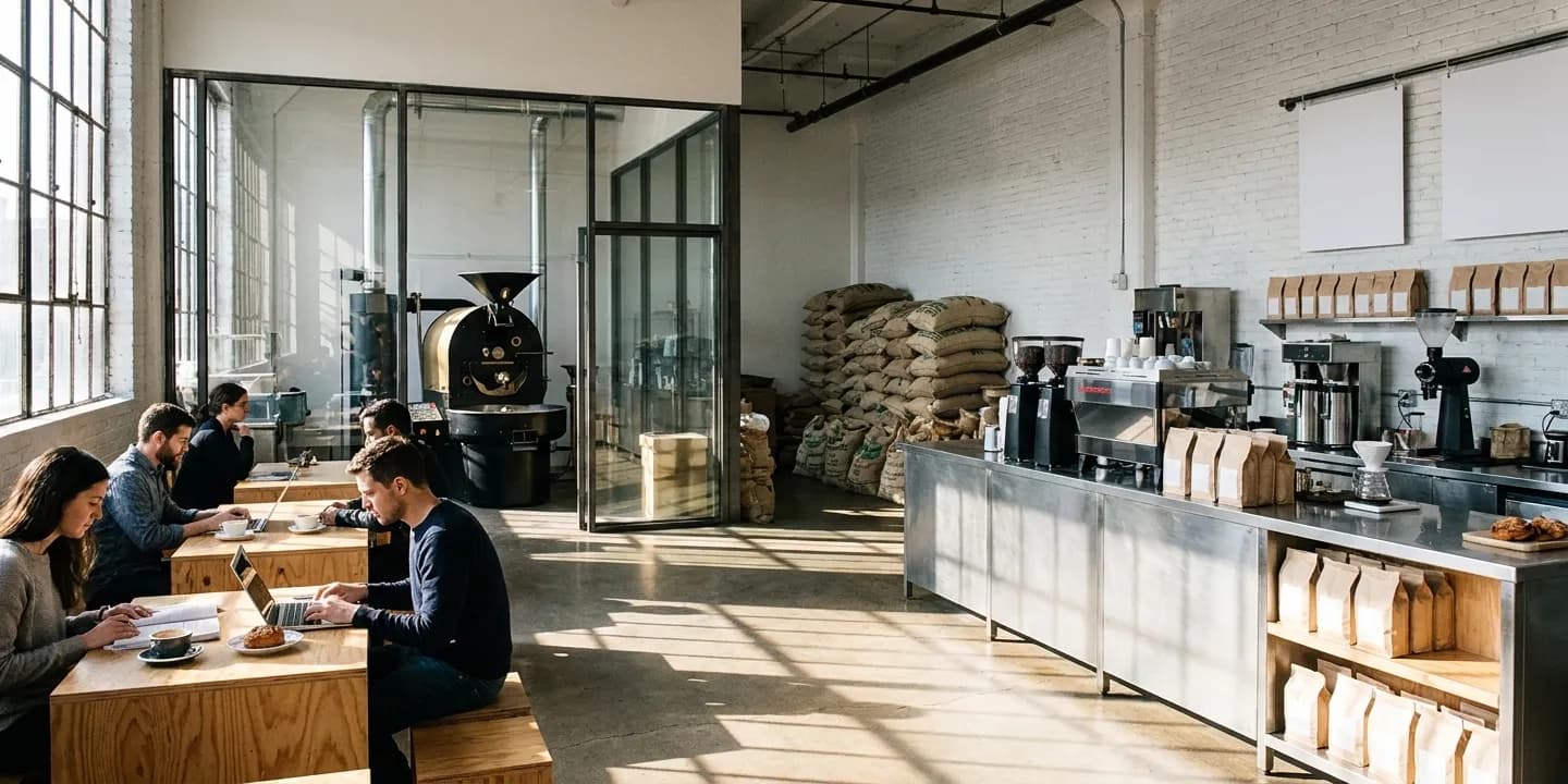A Bushwick roastery cafe on a weekday morning, drum roaster behind glass and hard light across a concrete floor