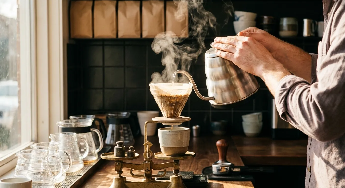A barista's hands pouring from a gooseneck kettle into a ceramic filter cone at a New York brew bar