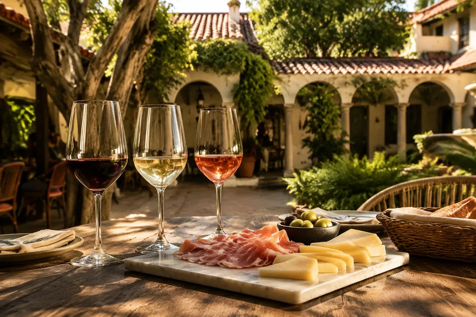 Wine glasses and charcuterie board on a wooden table in a Coral Gables courtyard with Spanish tile architecture
