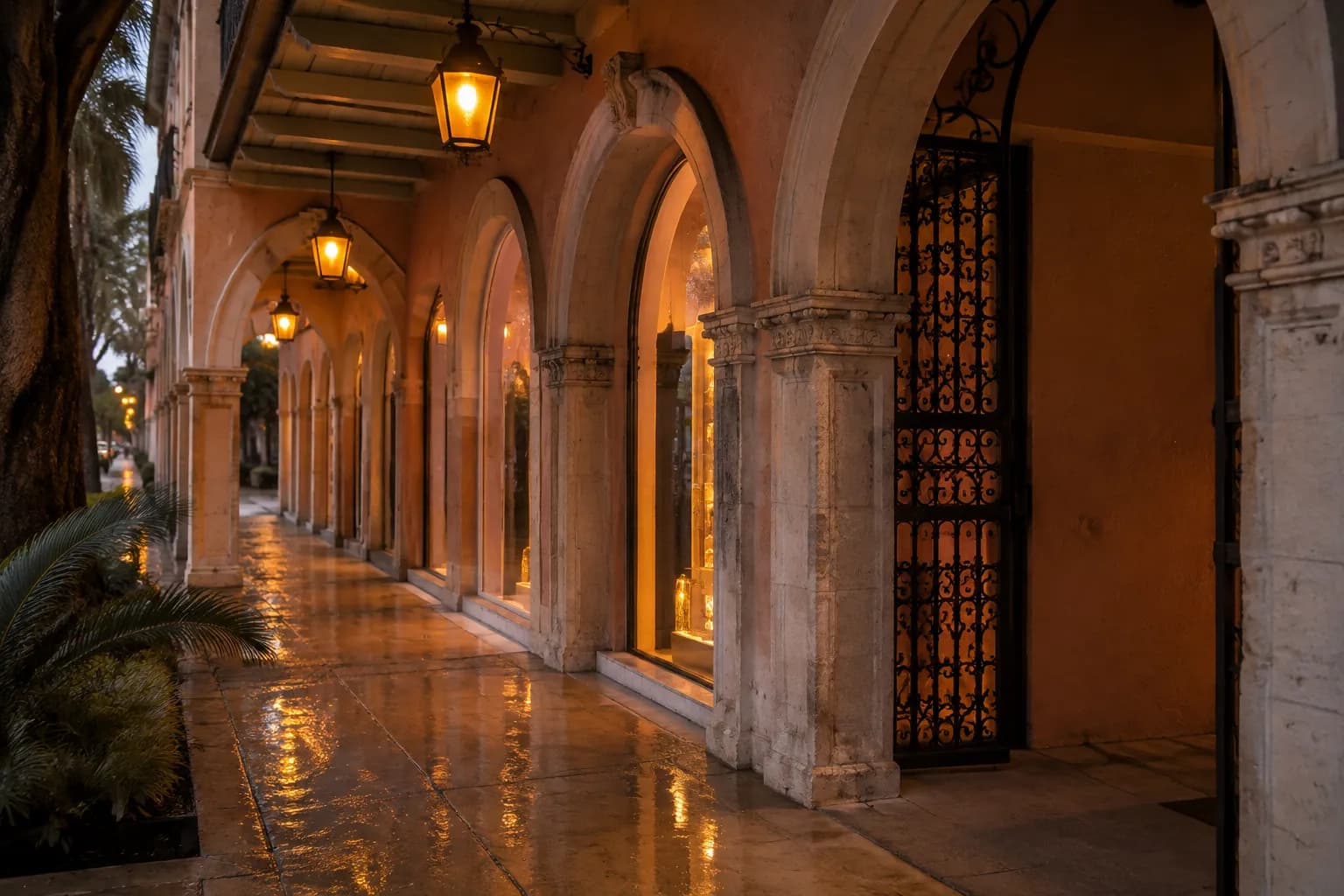 Covered sidewalk with Mediterranean arches along Giralda Avenue in Coral Gables after an afternoon rainstorm