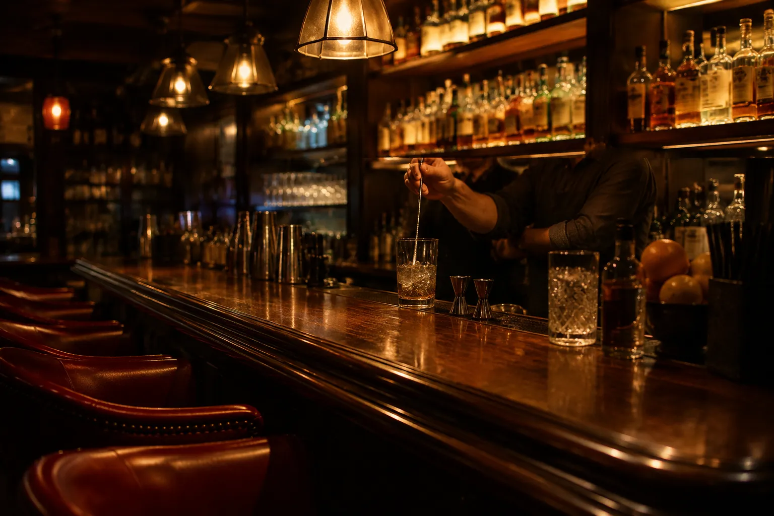 Warm interior of a North Beach cocktail bar with wooden counter, backlit bottles, and amber lighting