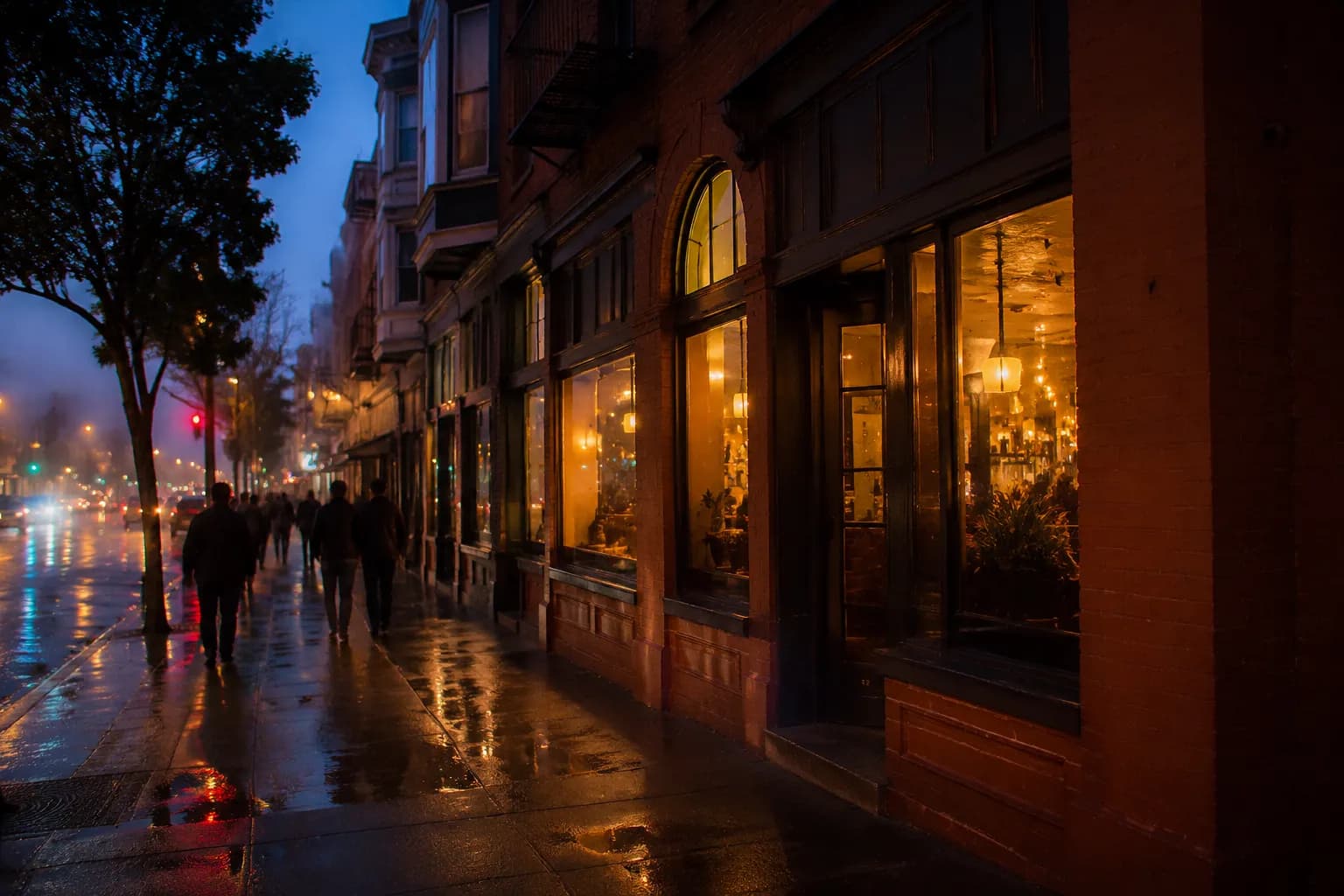 Valencia Street in the Mission District at dusk with glowing bar windows and wet pavement