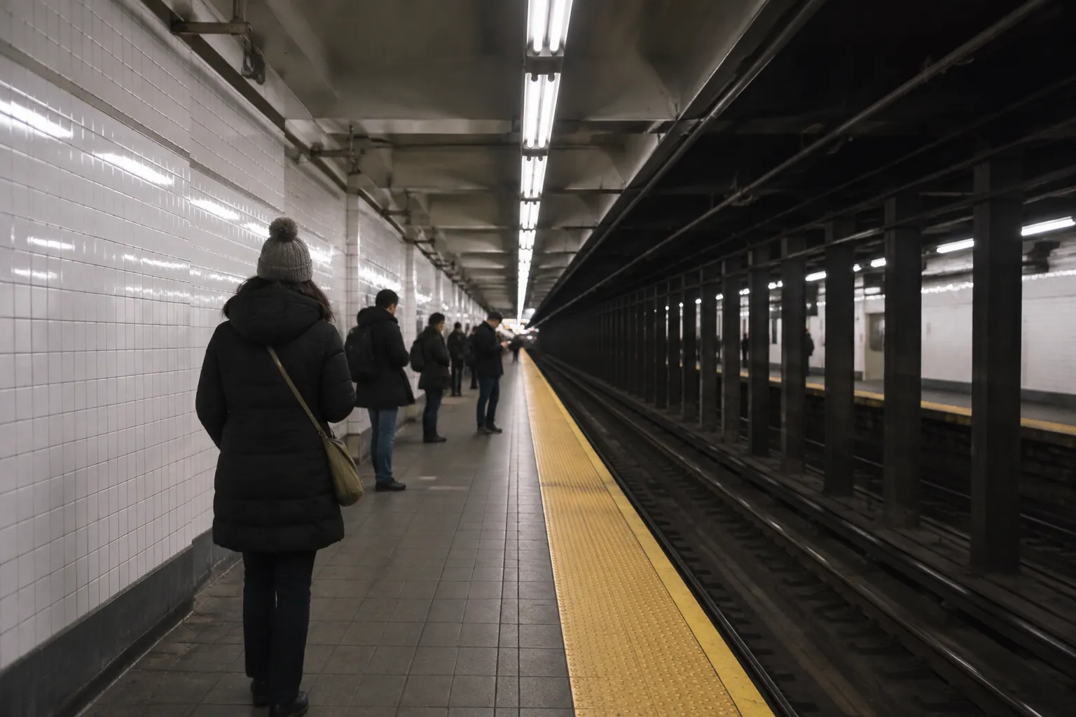 Union Square subway platform with white tile walls and waiting passengers under fluorescent lights