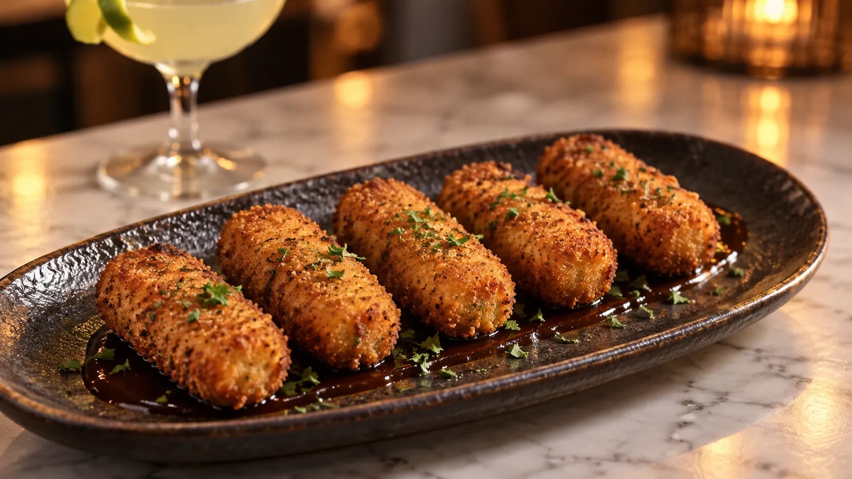 A plate of croquettes with a dark dipping sauce on a marble counter