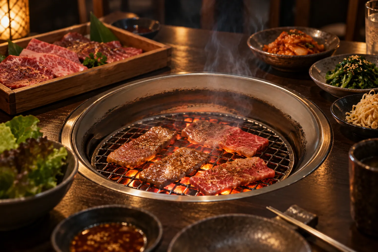 A restaurant table with a round grill set into it, glowing coals below and cuts of beef on a tray beside