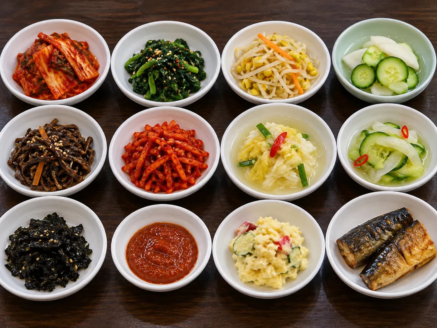 A dozen small ceramic bowls of pickled and dressed vegetables arranged on a dark table