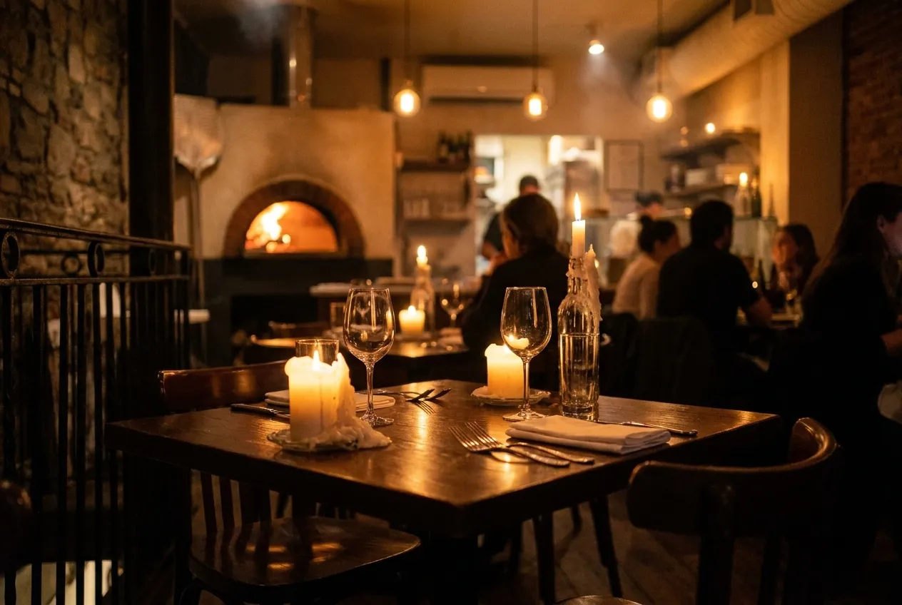 Candlelit dinner table for two in an intimate Italian restaurant with wood-fired oven glowing in the background.