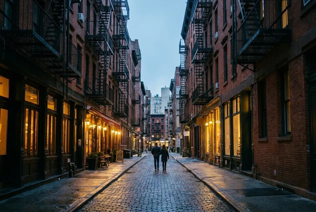 Elizabeth Street in Nolita at dusk with restaurant light spilling onto cobblestones and a couple walking toward Spring Street.