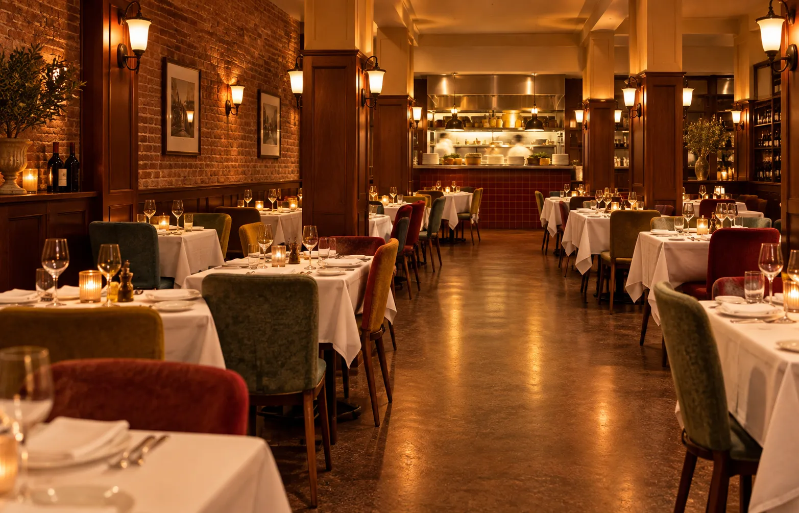 A narrow restaurant dining room with white tablecloths, warm lamps and an open pass at the back