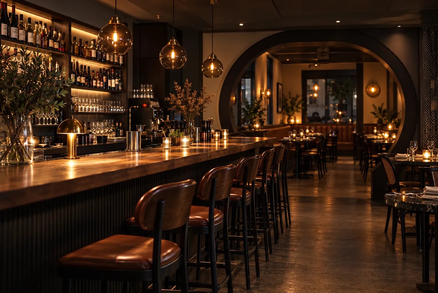 A dark modern dining room with a long bar, low pendant lights and banquettes