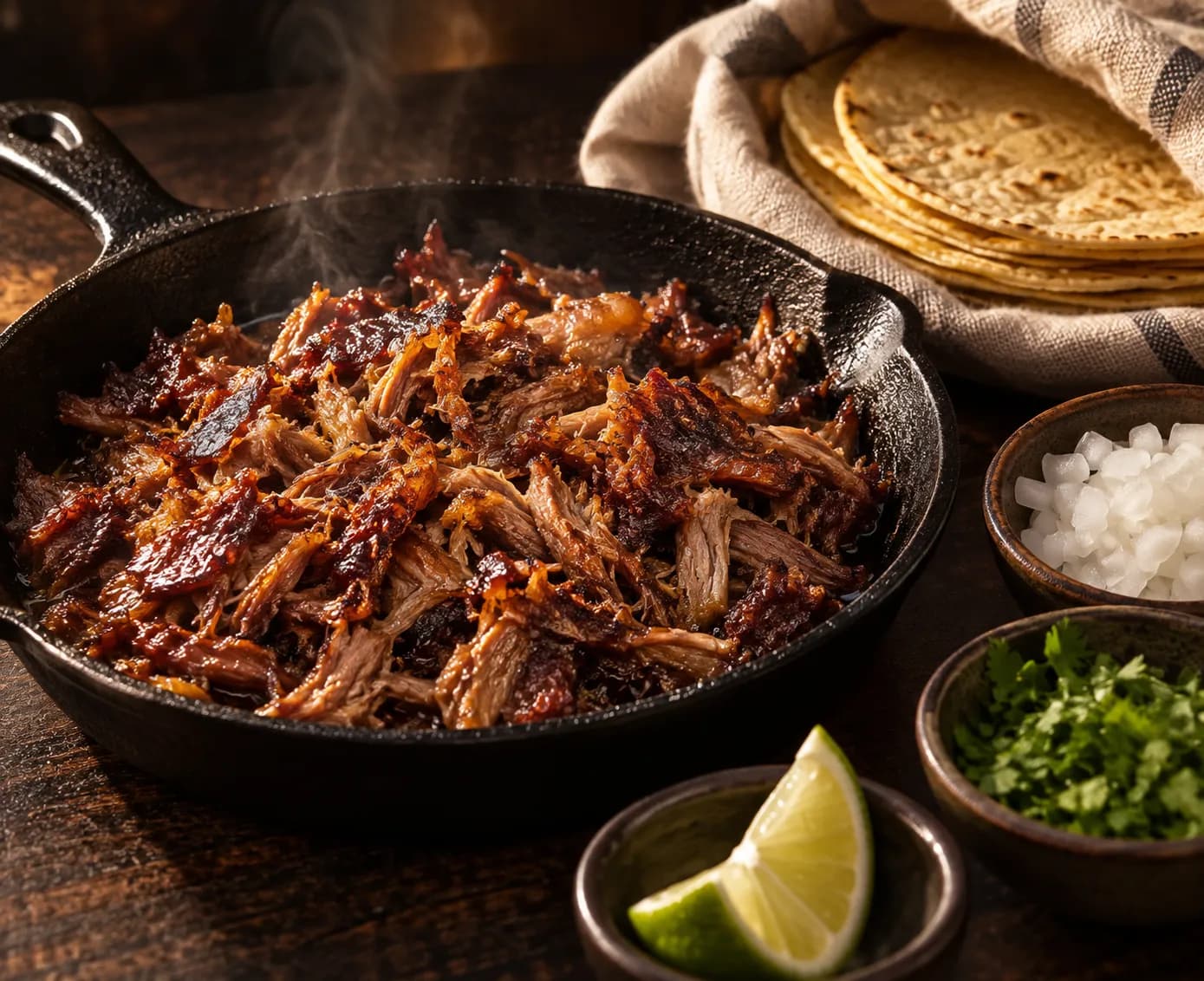 A cast-iron pan of shredded braised duck beside a stack of warm corn tortillas in a cloth