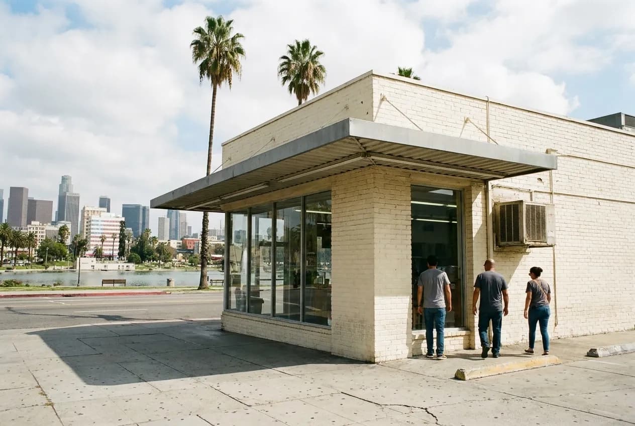 The exterior of an old corner delicatessen on a wide sunlit Los Angeles boulevard