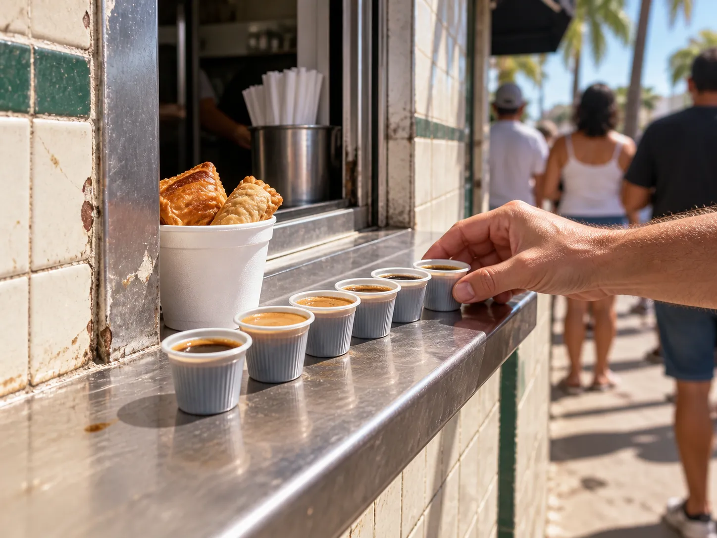 A walk-up coffee window on a Miami sidewalk with small paper cups of Cuban espresso lined along the ledge and a hand reaching for one