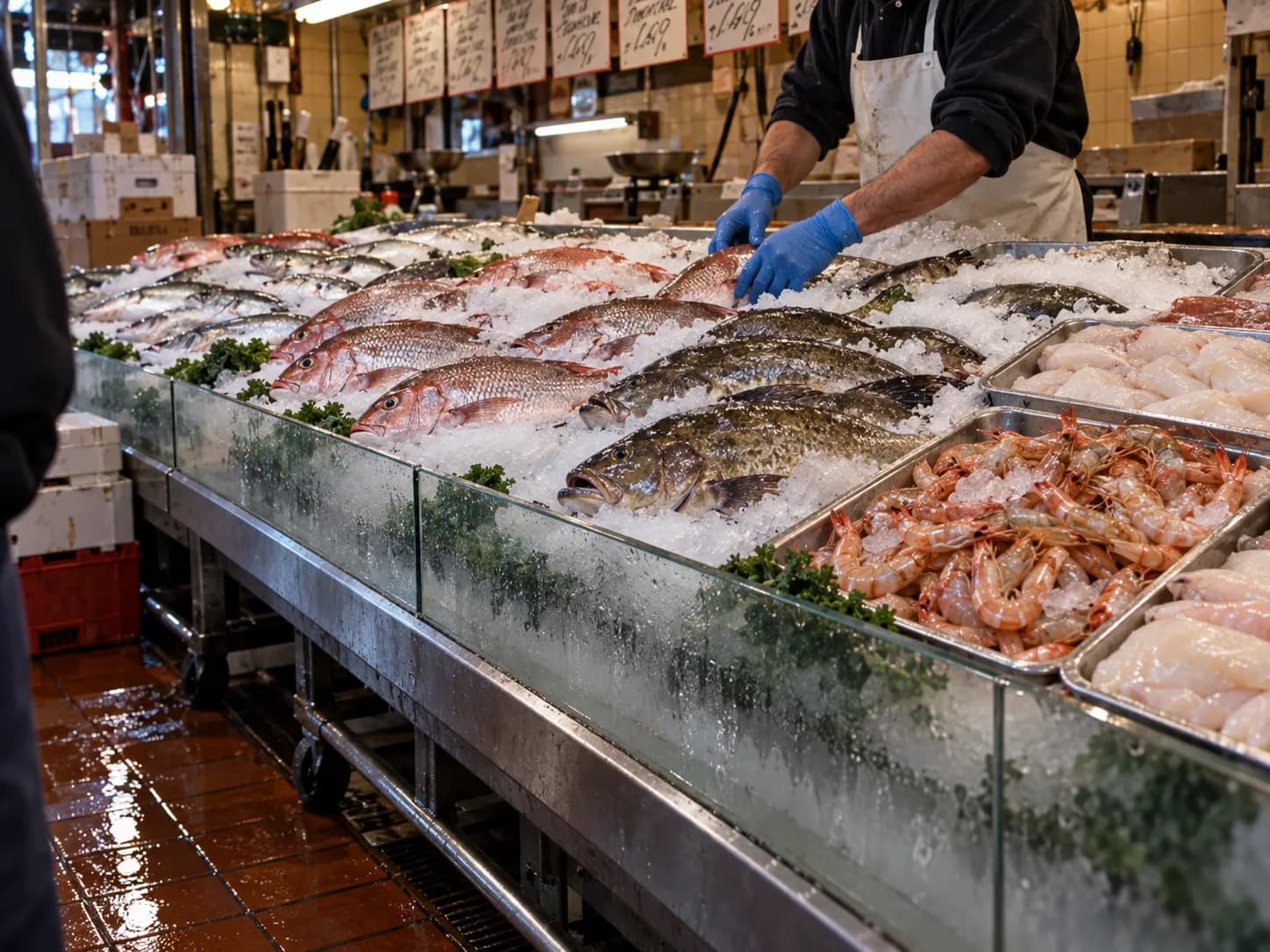 A retail fish counter on crushed ice: whole snapper, shrimp and fillets behind glass, with a handwritten price board above