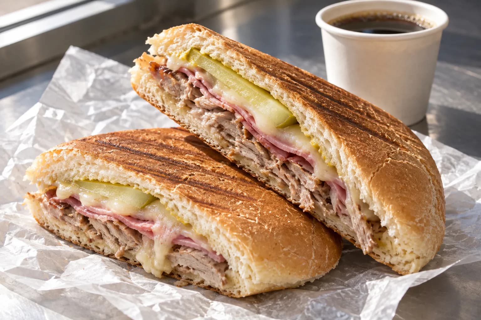 A pressed Cuban sandwich cut on the diagonal, showing layers of roast pork, ham, Swiss cheese and pickle inside a thin crisp bread crust, on wax paper