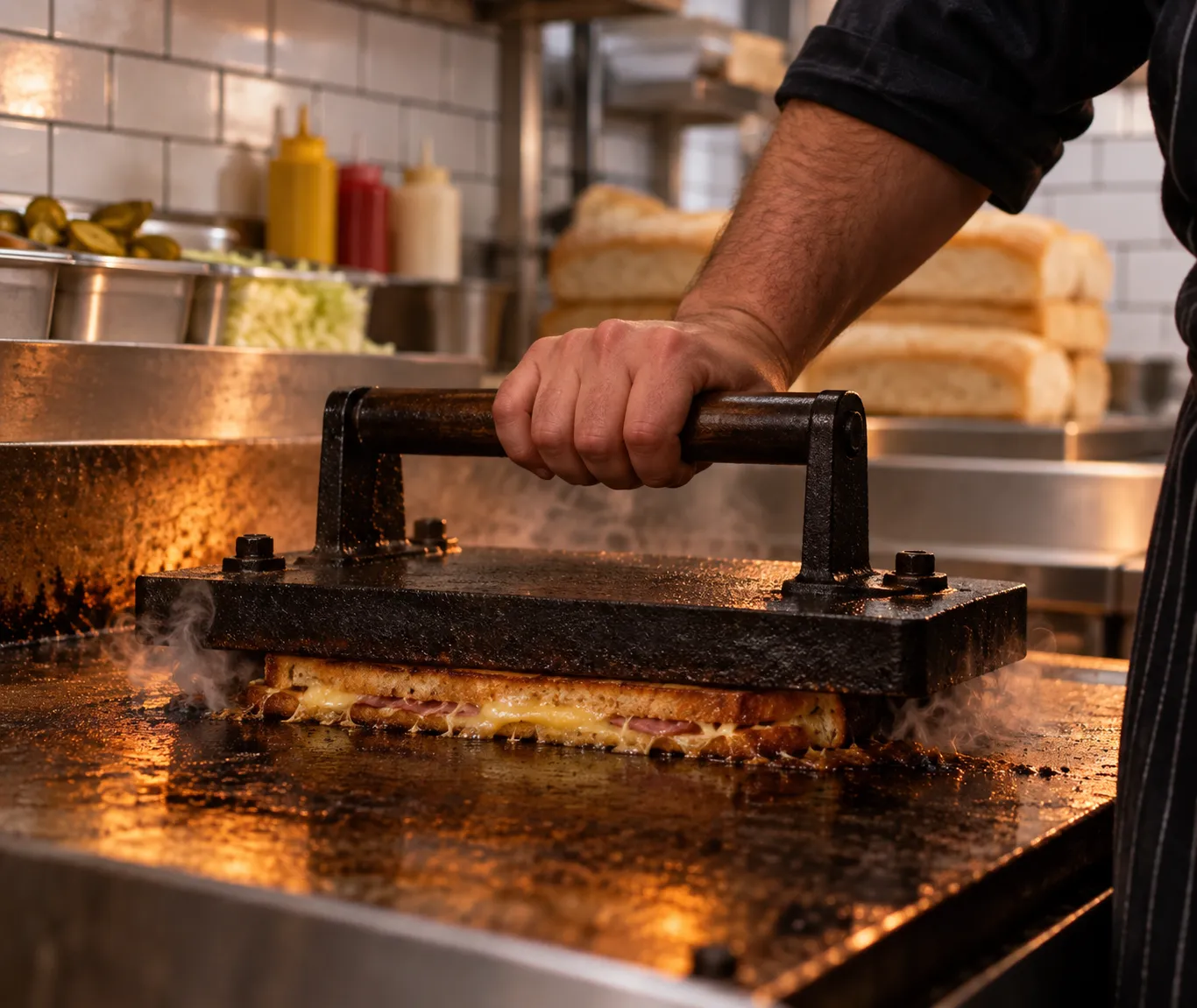 A cast-iron sandwich press clamped down on a wrapped sandwich on a hot flat top, steam escaping at the edges, in a small tiled kitchen
